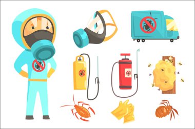 Ekipman ve ürünler ile kimyasal koruyucu kıyafetli böceklerin Exterminators ayarlayın. Haşere kontrol Servisi karikatür renkli çizimler