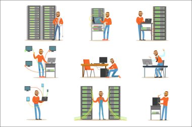 Ağ sunucu odasına çalışan genç adam. Teknisyen veri merkezinde renkli resimler ayarla
