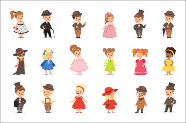 Cute children in elegant clothes for official social events. Kids in historical costumes cartoon colorful Illustrations clipart
