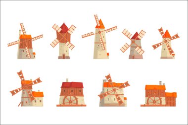 Kırsal yel değirmenleri ayarlayın. Geleneksel yel değirmenleri topluluğu vektör çizimler