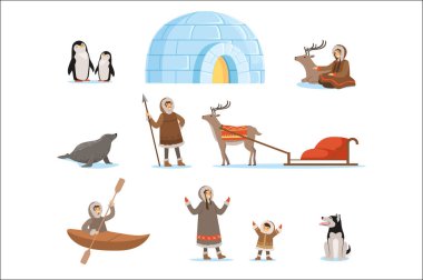 Eskimo characters in traditional clothing and their arctic animals. Life in the far north. Set of colorful cartoon detailed vector Illustrations clipart