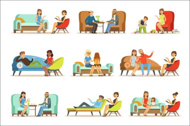 Psikiyatriste konuşan insanlar. Hastalara psikoterapilerin resepsiyonda. Psikoterapi danışmanlık, renkli çizimler