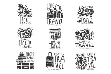 Seyahat için zaman etiket tasarımı için ayarlayın. Siyah vektör çizimler