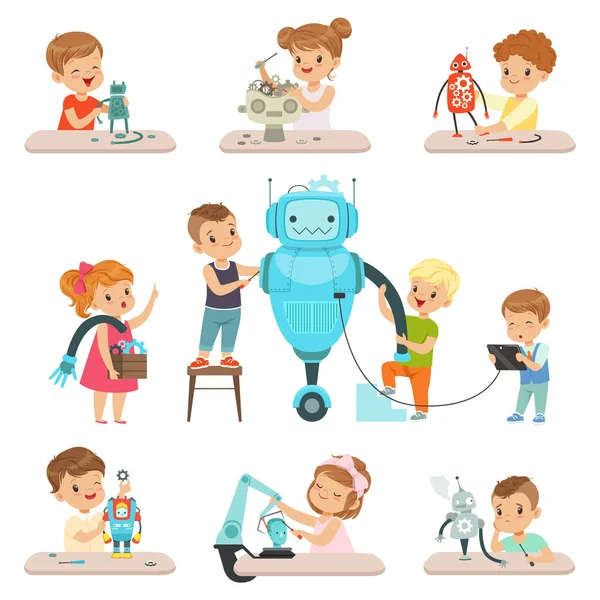 Söta lilla barn programmering och skapar smarta robotar uppsättning utbildningsprojekt koncept för barn vektor illustrationer på en vit bakgrund — Stock vektor
