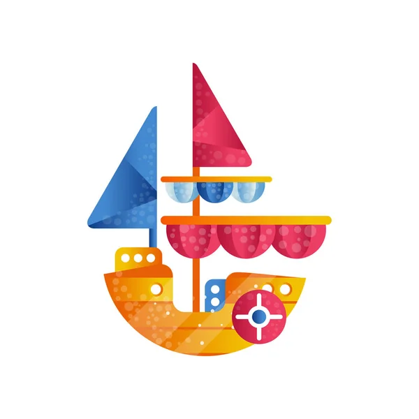 Pequeno navio de vela com velas coloridas vetor plano Ilustração em um fundo branco — Vetor de Stock