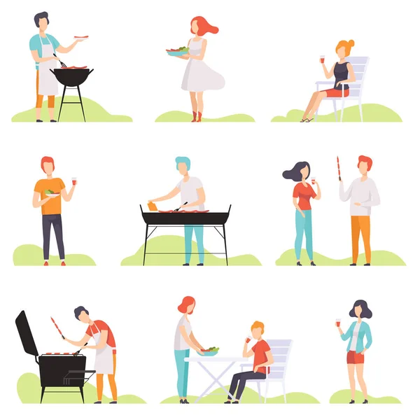 Menschen Grillen auf einem Grill, Männer und Frauen mit Grill-Party im Freien Vektor-Illustrationen auf weißem Hintergrund — Stockvektor