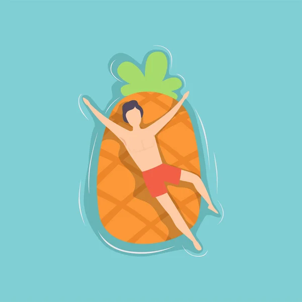 Hombre joven flotando en el colchón de aire en forma de piña en la piscina, vector de vista superior Ilustración — Vector de stock