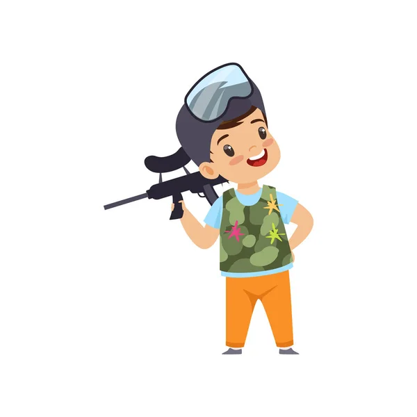 Cute little boy playing paintball with gun wearing helmet and vest vector Illustration on a white background — Stock Vector