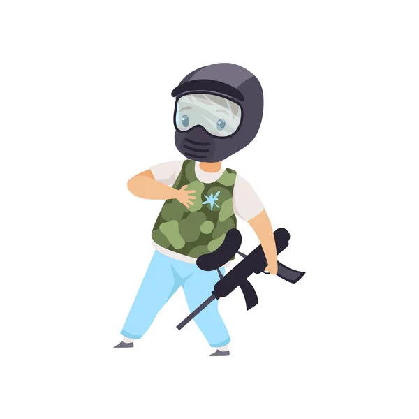 Liten pojke klädd i mask och västen spelar paintball vektor Illustration på vit bakgrund — Stock vektor