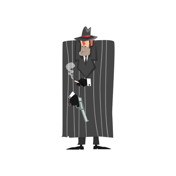 Gangster criminele karakter in zwarte jas en fedora hoed permanent met pistool en roken vector illustratie op een witte achtergrond — Stockvector