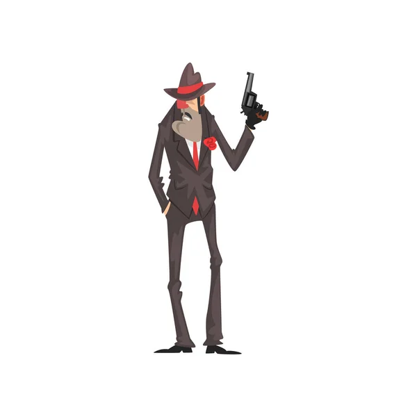 Gangster criminal character in a suit and fedora hat standing with gun vector Illustration on a white background — Stock Vector