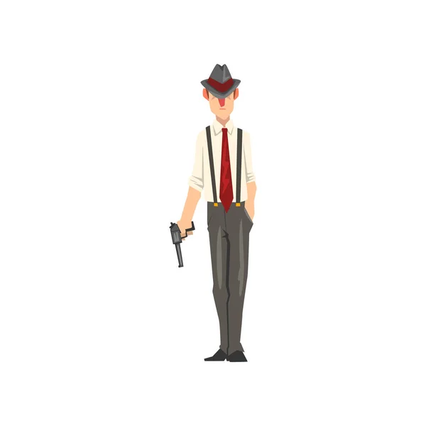 Beyaz bir arka plan üzerinde tabanca vektör çizim ile fedora şapkalı gangster suç karakter — Stok Vektör