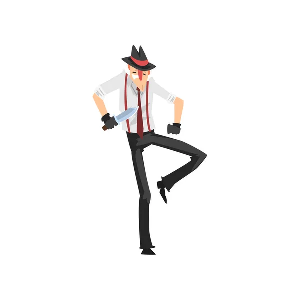 Personagem criminoso Gangster em chapéu fedora com vetor de faca Ilustração em um fundo branco — Vetor de Stock