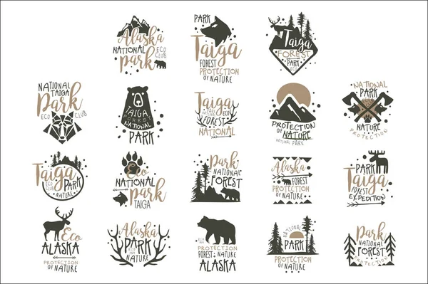 Conjunto de etiquetas do Parque Nacional do Alasca. Proteção florestal vetor desenhado à mão Ilustrações — Vetor de Stock