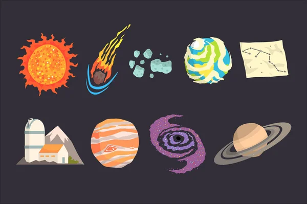 Objetos del sistema solar establecidos. Colorida colección de cosmos, ciencias planetarias, astronomía Ilustraciones — Vector de stock