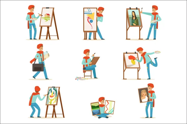 Feliz artista sonriente pintando sobre lienzo. Talentoso pintor colorido carácter vector ilustraciones — Archivo Imágenes Vectoriales