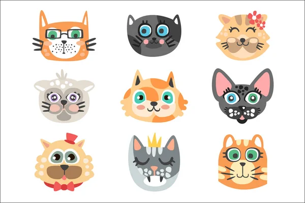 面白い漫画猫ヘッドのセット。猫品種カラフルな文字ベクトル イラスト — ストックベクタ