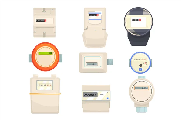 Ensemble de compteurs, compteurs mécaniques et électroniques vectoriels Illustrations — Image vectorielle