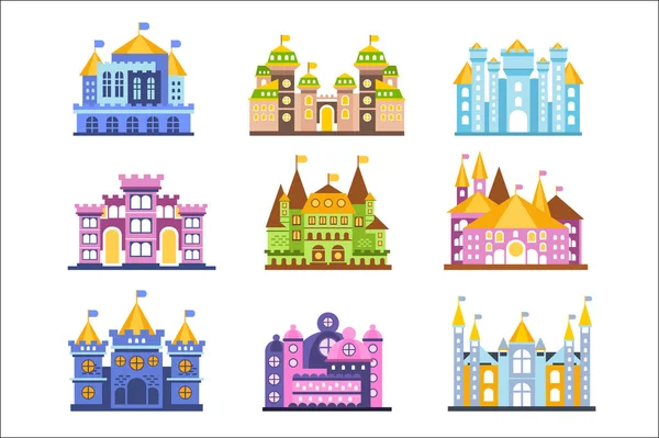 Kleurrijke set van kastelen en herenhuizen. Collectie van middeleeuwse gebouwen vector illustraties — Stockvector