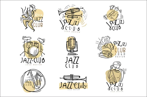 Projektowanie logo klubu jazzowego ręka wektor ciągnione ilustracje — Wektor stockowy