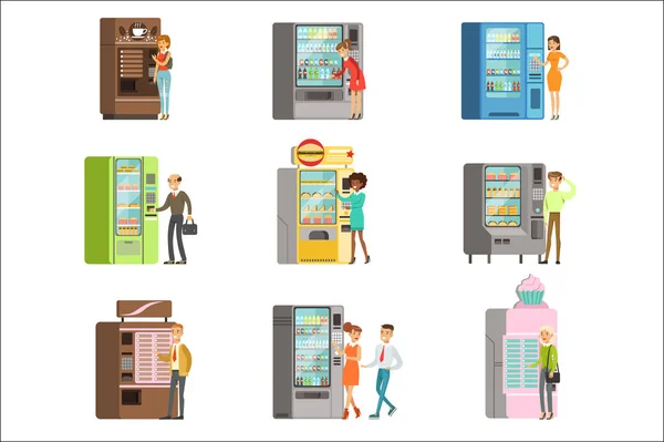 Los consumidores de pie cerca de la máquina expendedora y va a comprar una bebida y comida. Conjunto de dibujos animados de colores vector detallado Ilustraciones — Archivo Imágenes Vectoriales