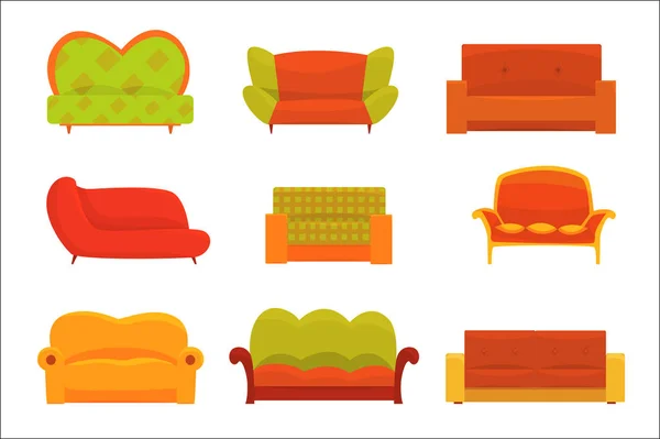 Καναπέδες και πολυθρόνες, στοιχεία εσωτερικού. Πολύχρωμο διάνυσμα λεπτομερείς απεικονίσεις άνετο καναπέ σετ — Διανυσματικό Αρχείο