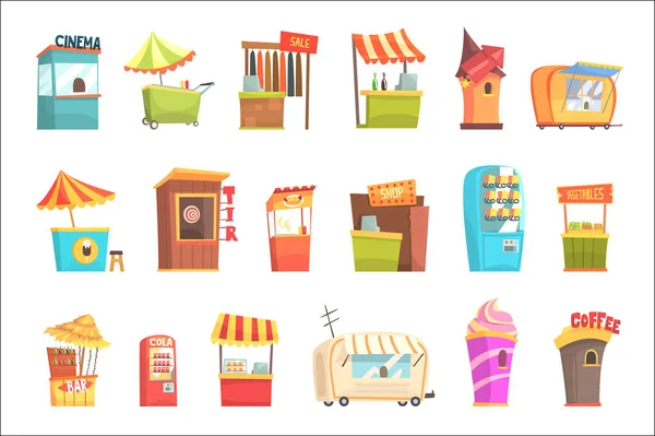 Beurs en markt straatvoedsel en Shop kiosken, kleine tijdelijke staat voor verkopers Set Cartoon illustraties — Stockvector