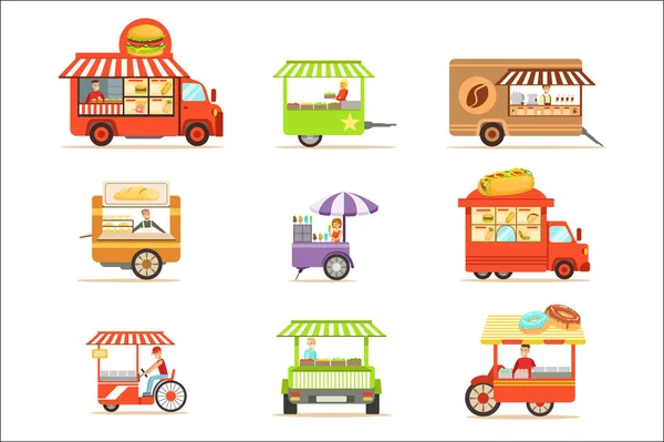 Straatvoedsel Kiosk collectie op wielen en zonder met lachende leverancier portie fastfood vectorillustraties — Stockvector