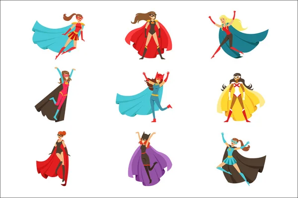 Superheróis femininos em quadrinhos clássicos fantasias com Capes conjunto de personagens de desenhos animados planos sorridentes com super poderes — Vetor de Stock