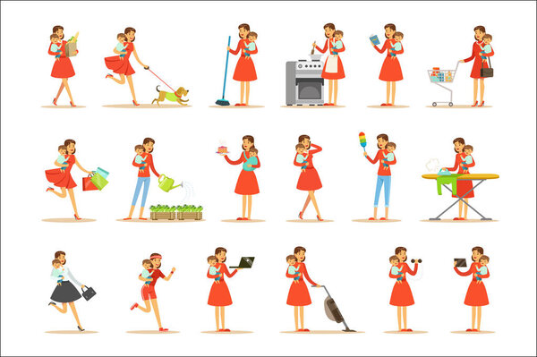 Мать, держащая ребенка в руках, занимается различными видами деятельности, связанными с супермамой и ее обязанностями
