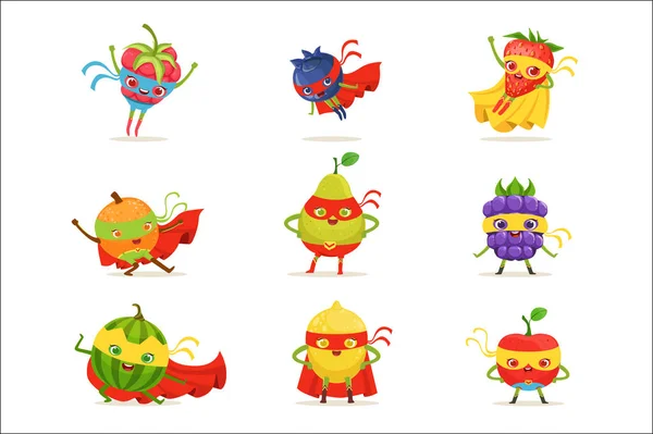 Superhero Fruits In Masks And Capes Set Of Cute Childish Cartoon Humanized Characters In Costumes - Stok Vektor