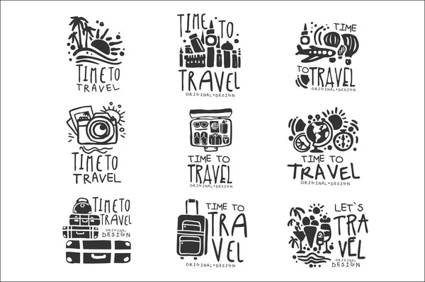 Seyahat için zaman etiket tasarımı için ayarlayın. Siyah vektör çizimler