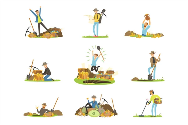 Treasure hunting, people in search of treasure. Cartoon detailed Illustrations — Stock Vector