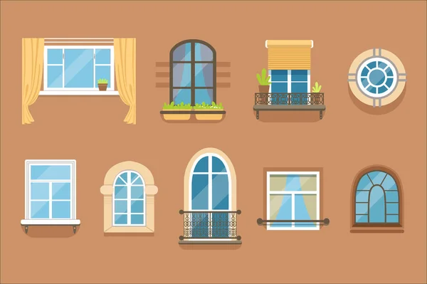 Ventanas configuradas en diferentes estilos y formas. Marcos de ventana vista exterior — Vector de stock