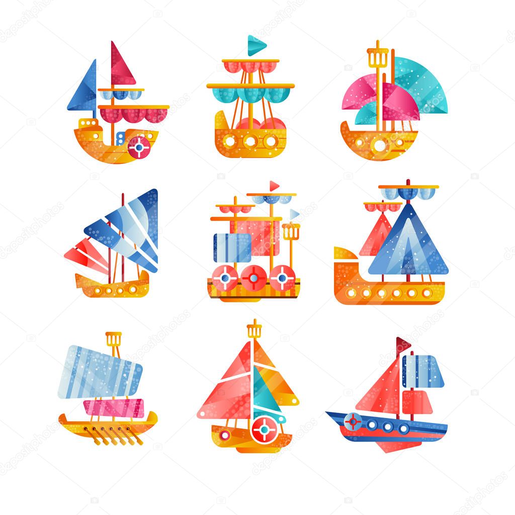 Different vessels set, smal colorful ships flat vector Illustrations on a white background