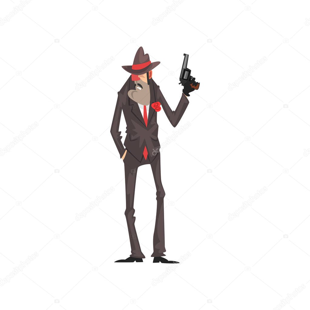 Gangster criminal character in a suit and fedora hat standing with gun vector Illustration on a white background