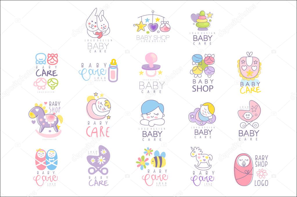 Baby care set for logo design. Colorful hand drawn vector Illustrations for baby goods, care belongings, products, kid store, advertising