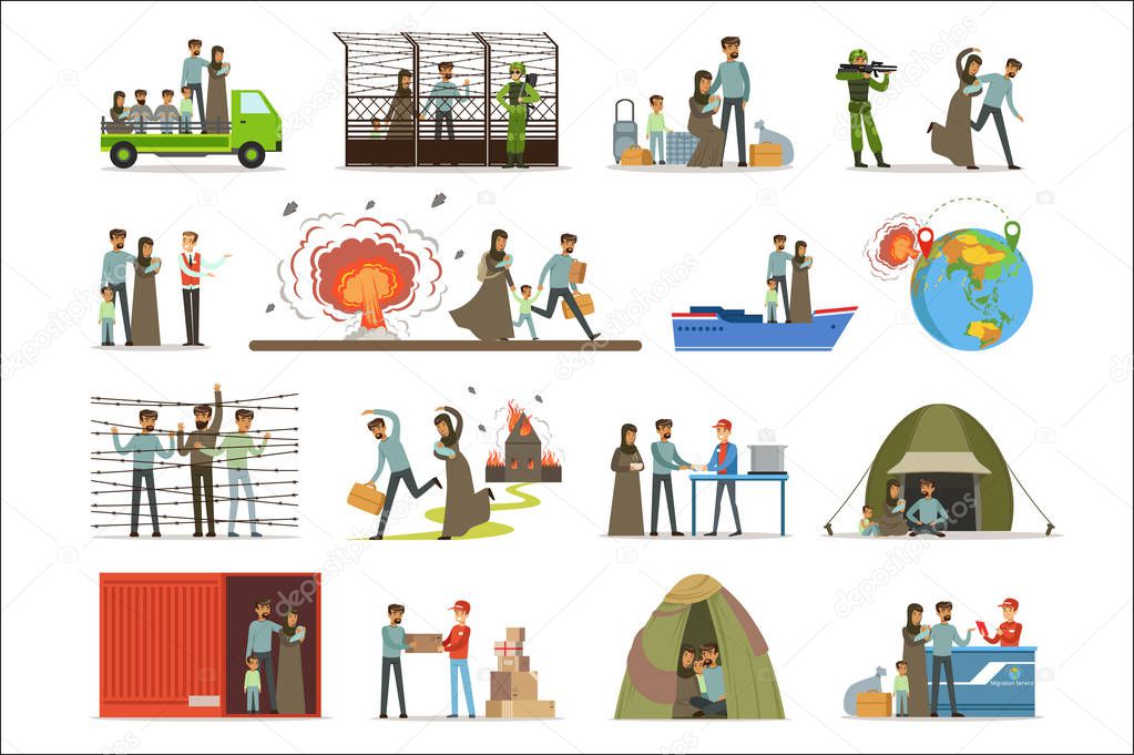 Stateless refugees, war victims set. Illigal immigrants vector illustrations