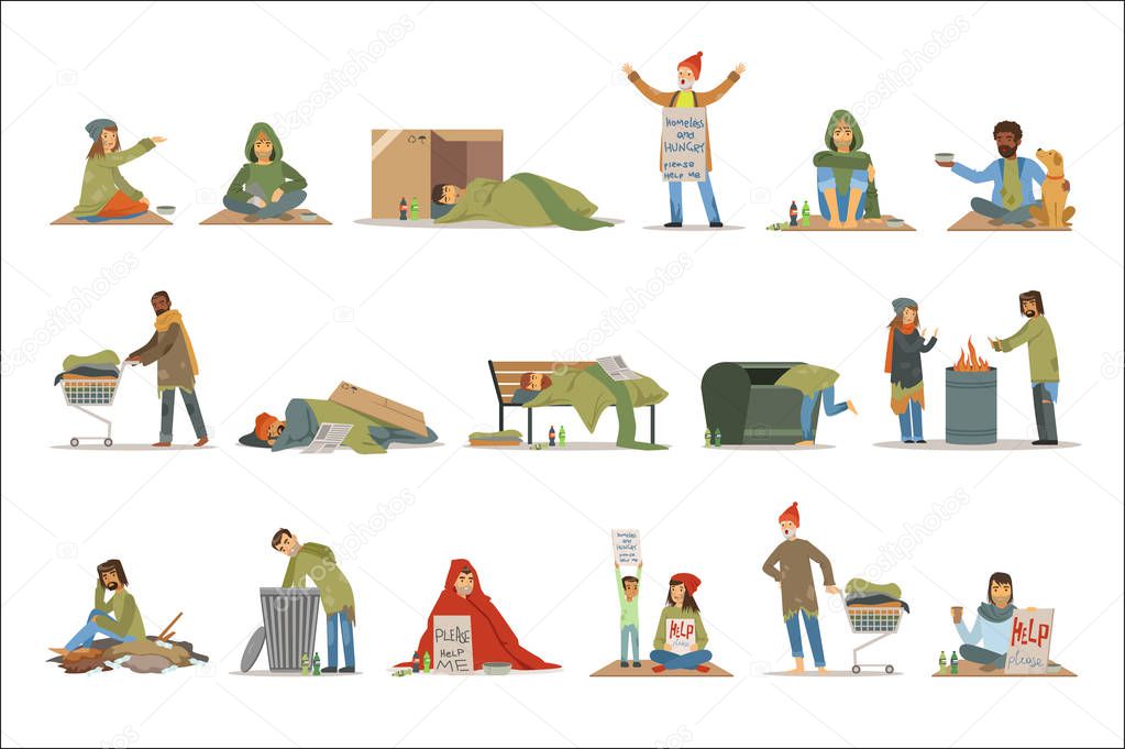 Homeless people characters set. Unemployment men needing help vector illustrations