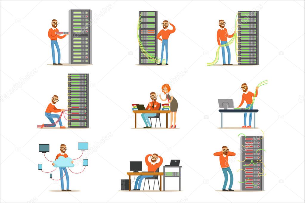 Young engineer working in network server room. Technician at the data center set of colorful Illustrations