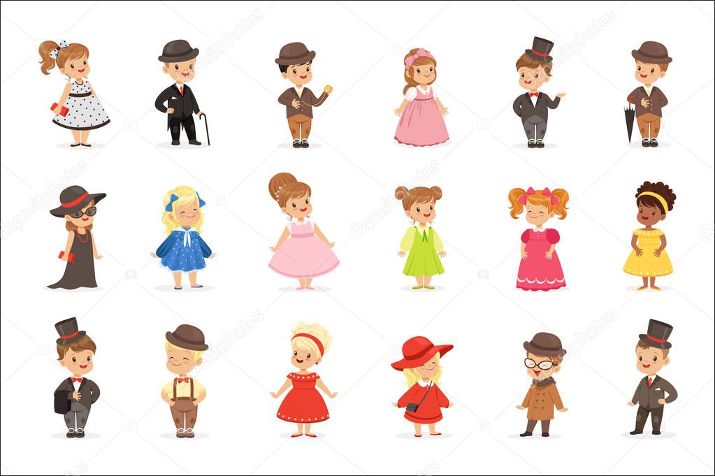 Cute children in elegant clothes for official social events. Kids in historical costumes cartoon colorful Illustrations