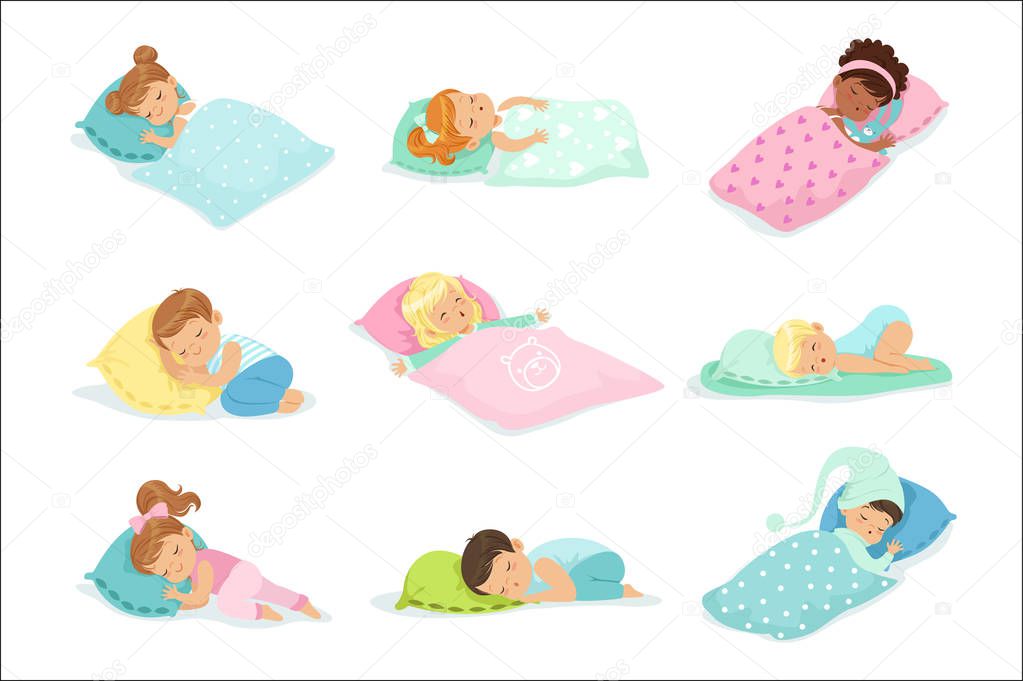 Adorable little boys and girls sleeping sweetly in their beds, colorful characters vector Illustrations