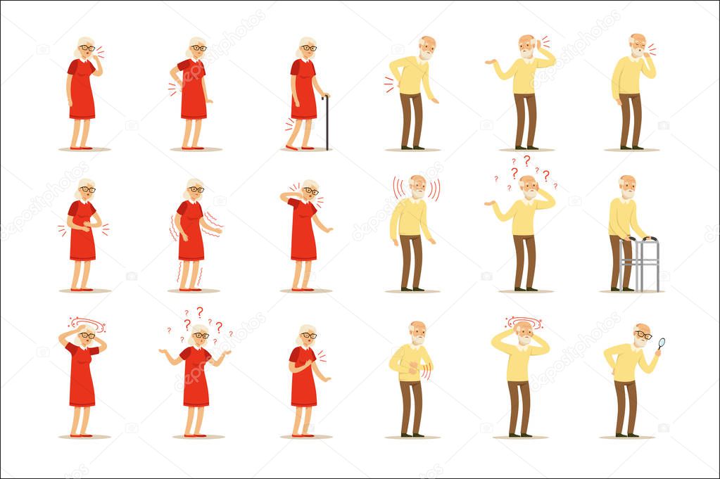 Elderly woman diseases, pain problem in back, neck, arm, heart, knee and head. Senior health set of colorful cartoon characters detailed vector Illustrations