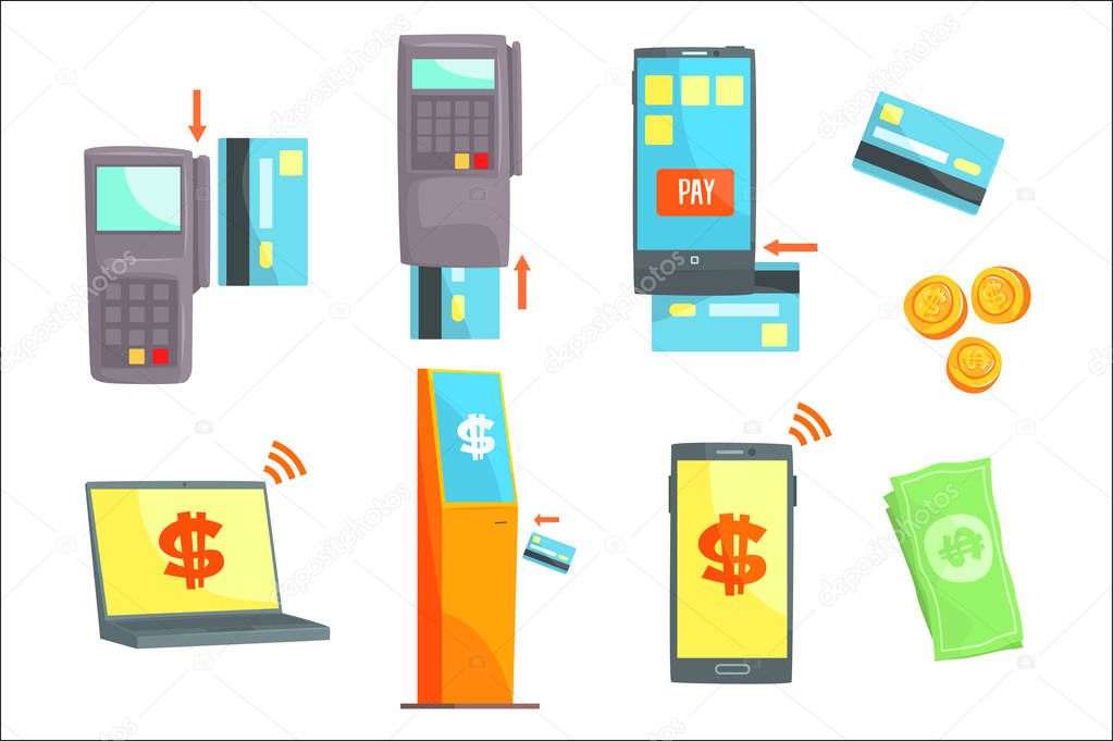 Payment methods set for label design. Payment terminals colorful cartoon detailed vector Illustrations