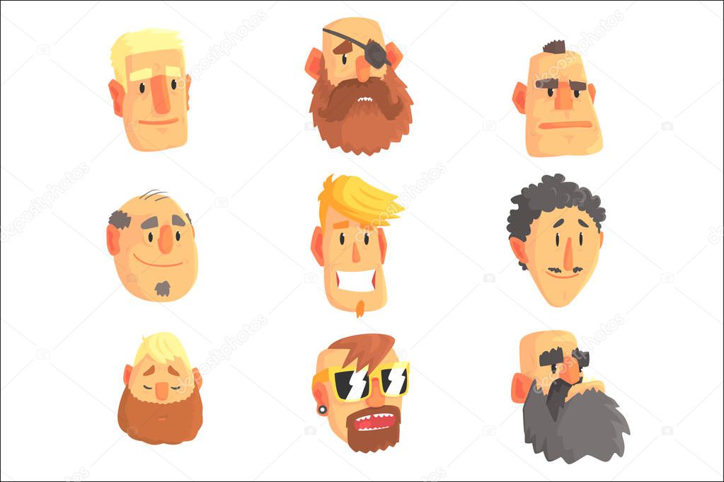 Cartoon avatar men faces with different emotions. Set of men from different nations and professions, colorful Illustrations