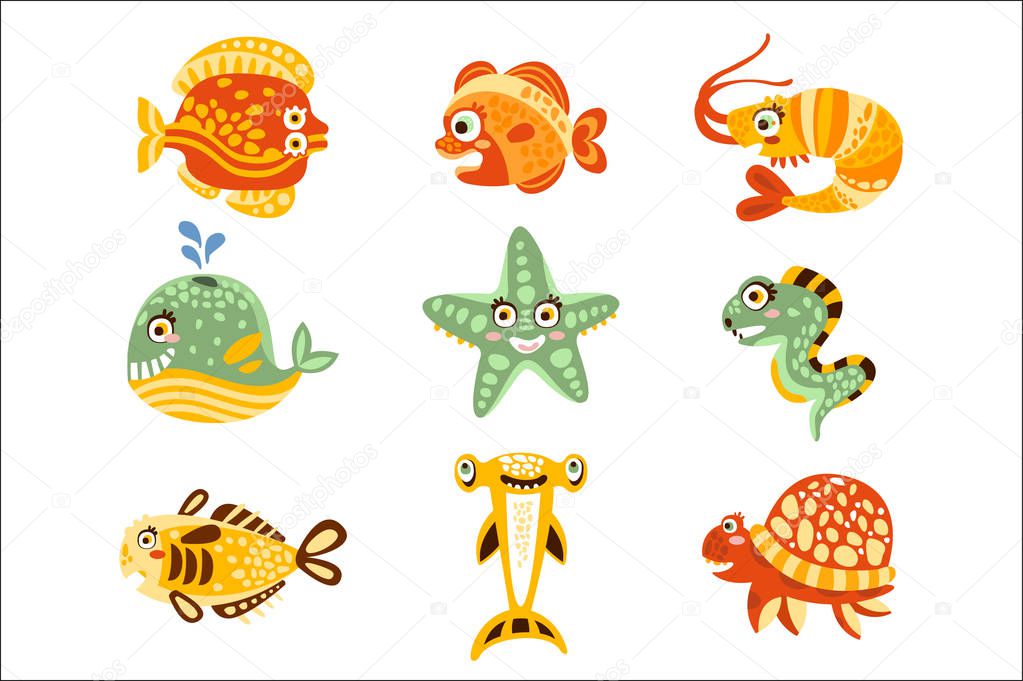 Cartoon underwater world with fish, plants, marine life. Underwater world set of colorful characters vector Illustrations