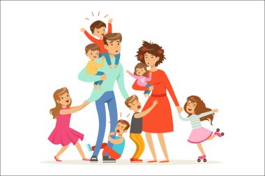 Pek çok çocuk ile büyük bir aile. Çocuklar, bebekler ve yorgun ebeveynleri illüstrasyon vektör