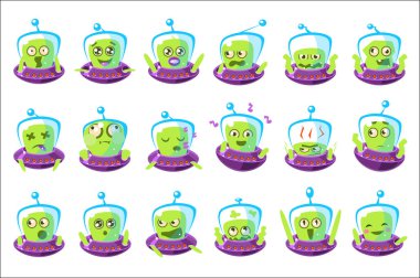 Ufo Emoji küme Basitleştirilmiş çizgi film karakteri çıkartmaları izole uzaylı.