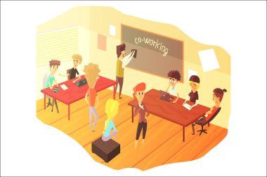 Ortak çalışma ve takım çalışması sınıfının renkli çocukça karikatür tasarım vektör çizim.
