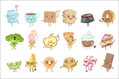 Farklı gıda çocukça karakter duygu ayarla, detaylı çok güzel düz vektör çizimler izole beyaz arka plan.